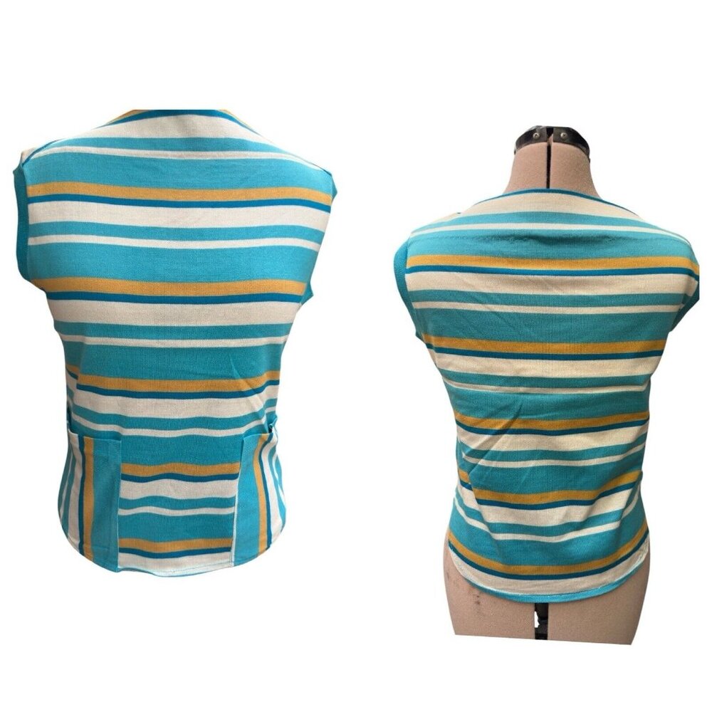Vintage Brentshire Boxy Short Top Brown Teal White Striped Women's Shirt Pockets